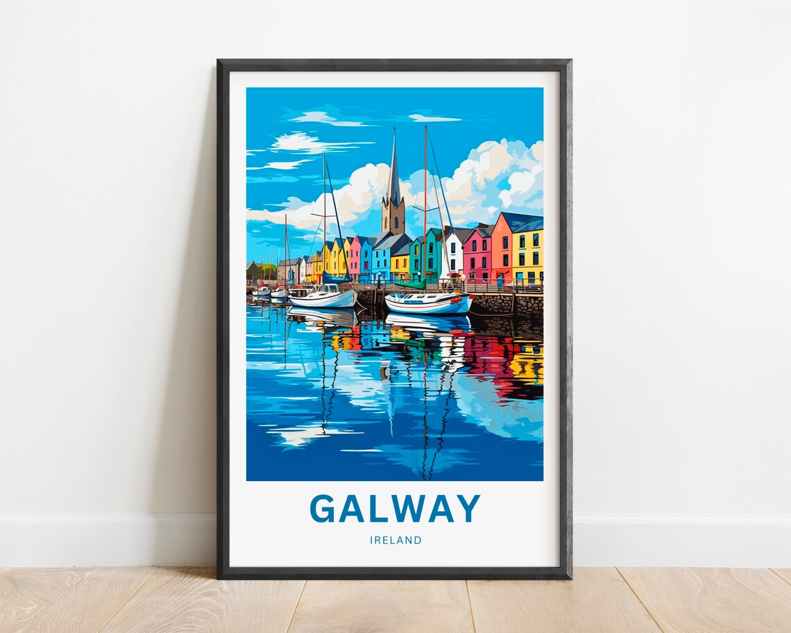 Galway Ireland Colorful Harbor Quay Sailboats Retro Travel Poster