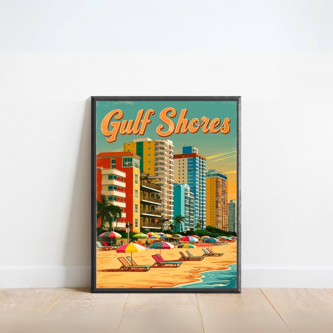 Gulf Shores Alabama Vintage Beachfront Skyline and Umbrellas Poster