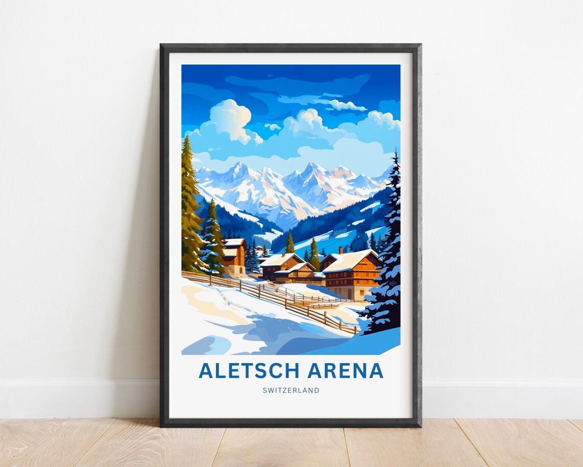 Aletsch Arena Switzerland Snowy Alpine Village Ski Art Poster