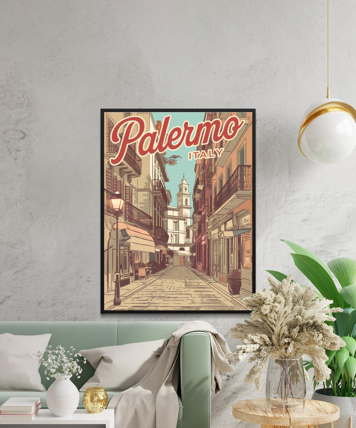 Palermo Italy Cobblestone Old Town Street Retro Travel Scene Poster - Image 3