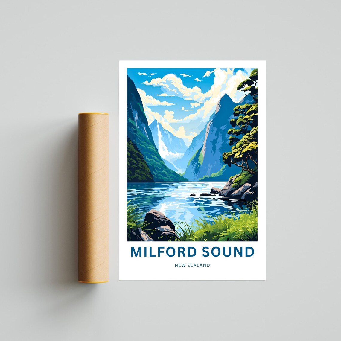 Milford Sound New Zealand Rocky Shore Calm Fjord Vintage Travel Poster - Image 4