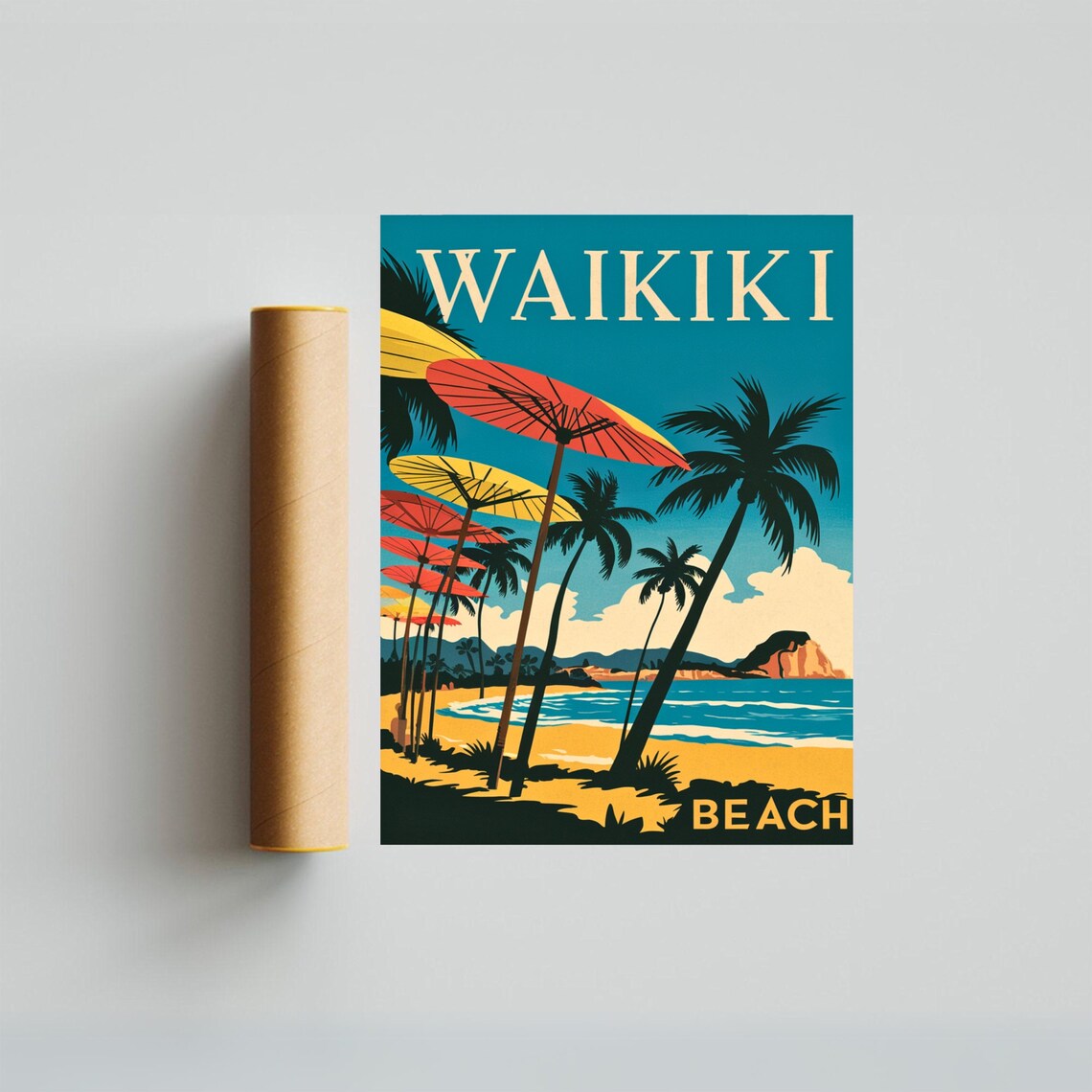 Waikiki Beach Hawaii Vintage Tropical Palm Umbrellas Paradise Poster - Image 4