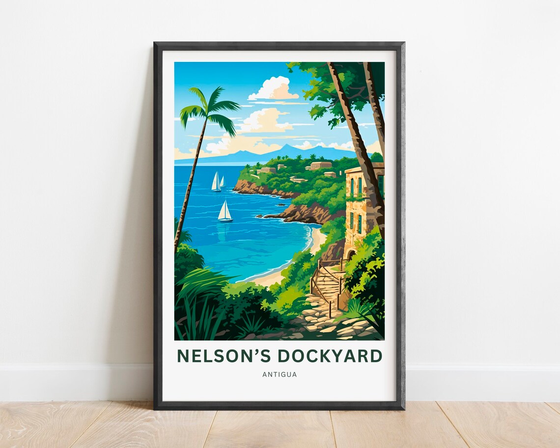 Nelson's Dockyard Antigua Tropical Bay Travel Poster Sailboats Coastal Art Scene
