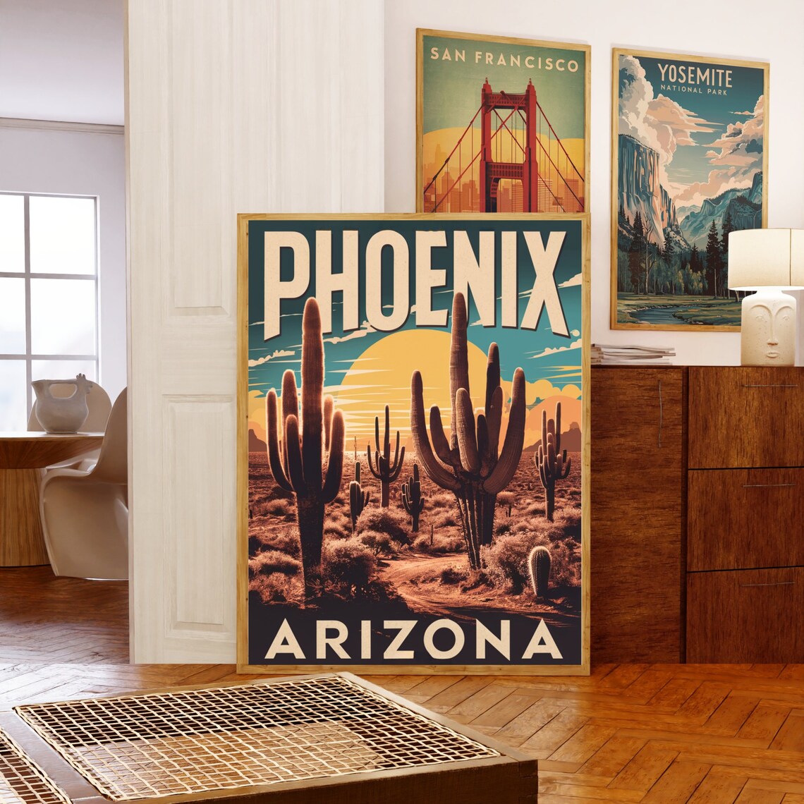 Phoenix Arizona Vintage Travel Poster with Saguaro Cacti Desert Sunset - Image 5