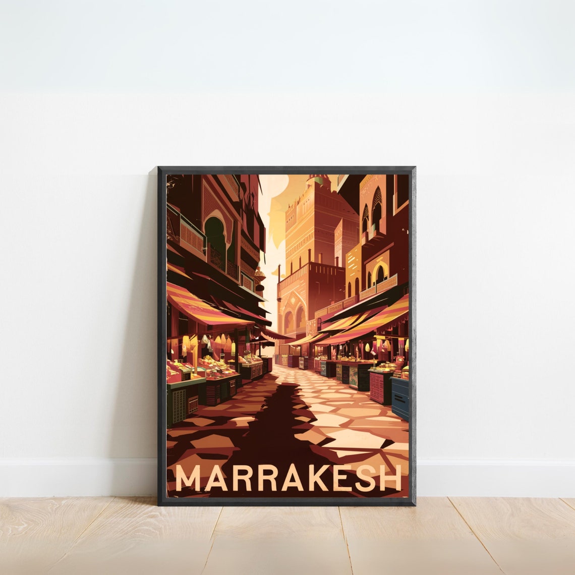 Marrakesh Morocco Souk Market Street Warm Retro Travel Poster