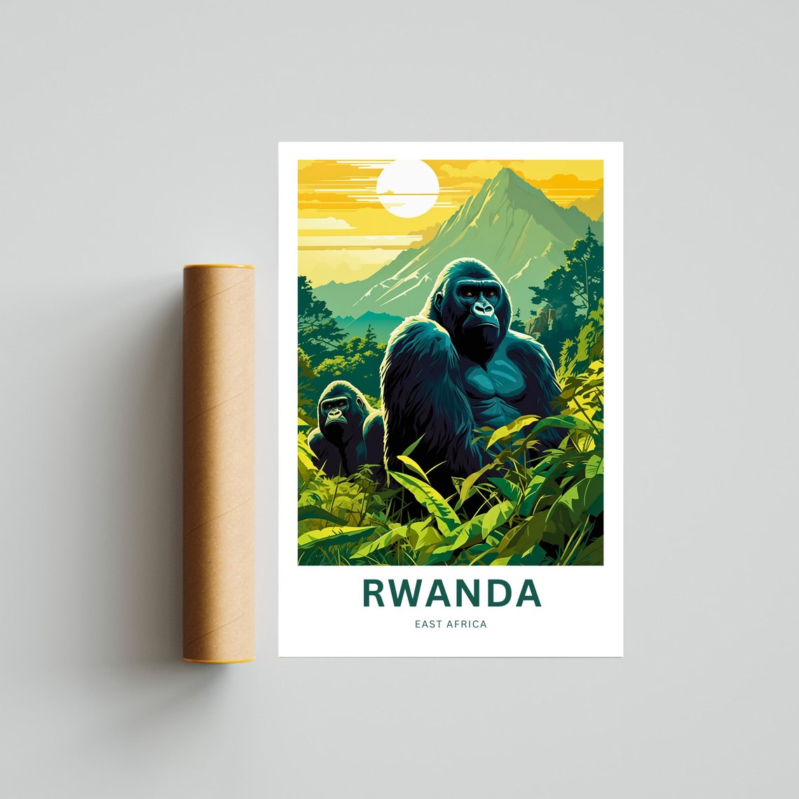 Rwanda Mountain Gorillas Volcano Sunset East Africa Travel Poster - Image 4
