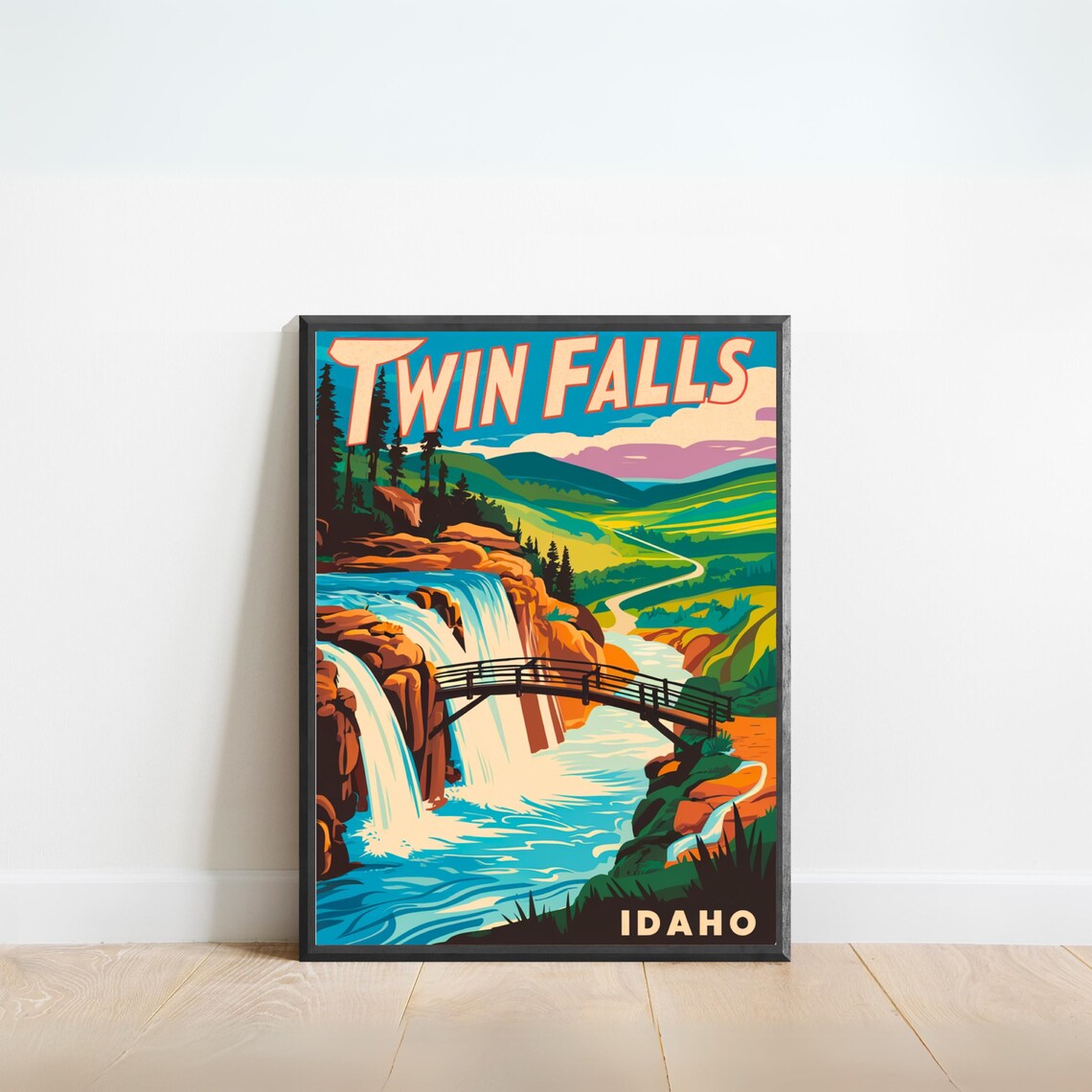 Twin Falls Idaho Waterfall Bridge Vintage Retro Travel Poster