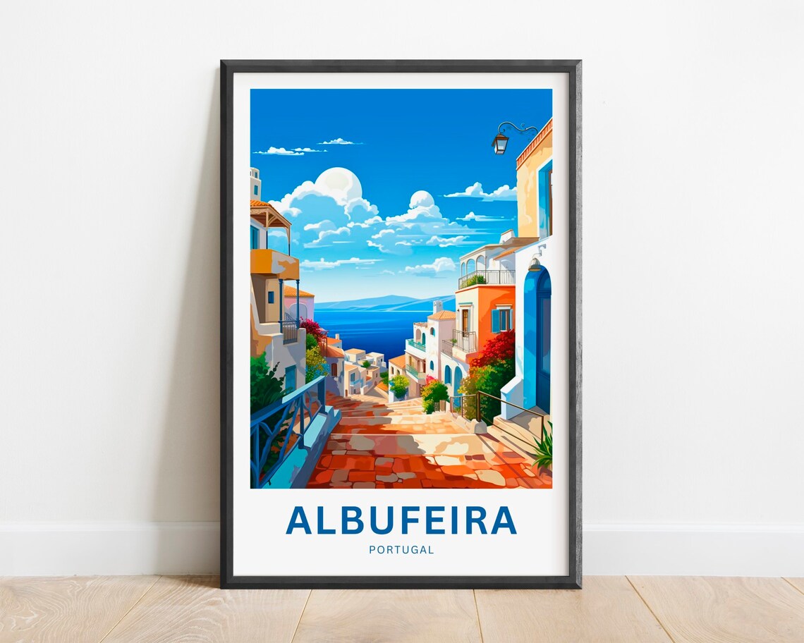 Albufeira Portugal Steep Tiled Street Sea Vintage Travel Poster
