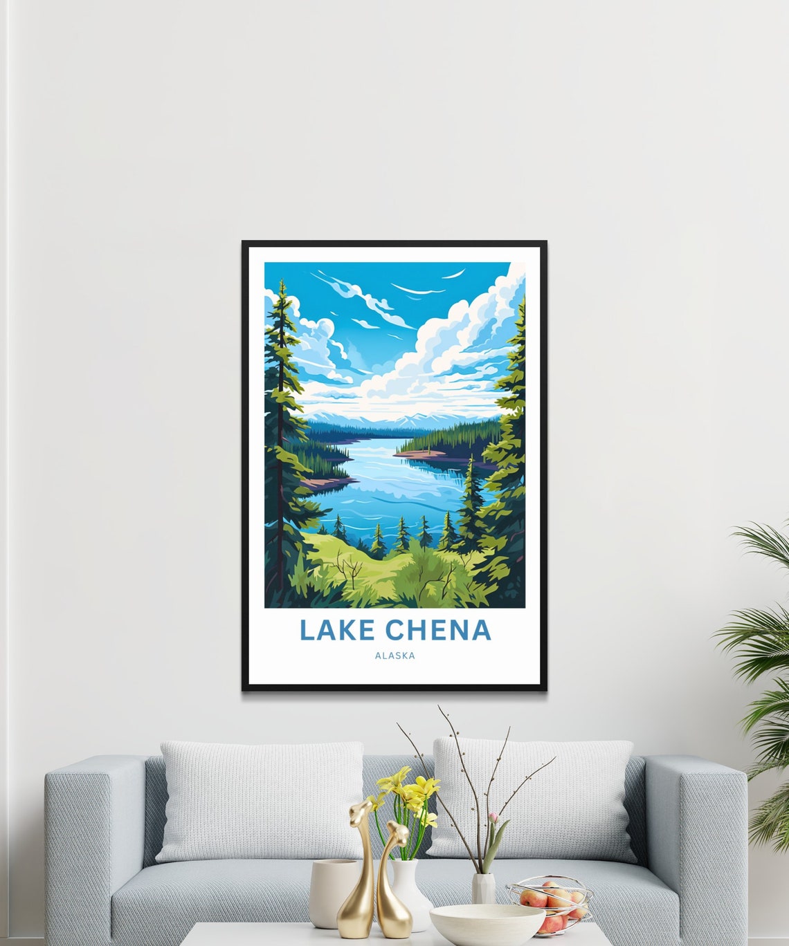 Lake Chena Alaska Tall Spruce Overlook Snowy Peak Lake Poster - Image 3
