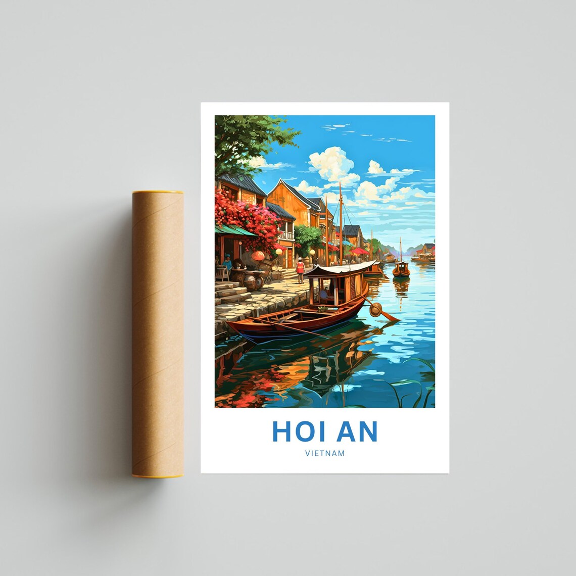 Hoi An Vietnam Travel Poster Wooden Boats Riverside Old Town Art - Image 4