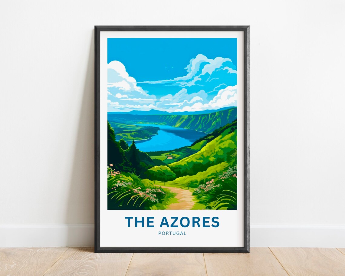 The Azores Portugal Crater Lake Green Hills Travel Art Print