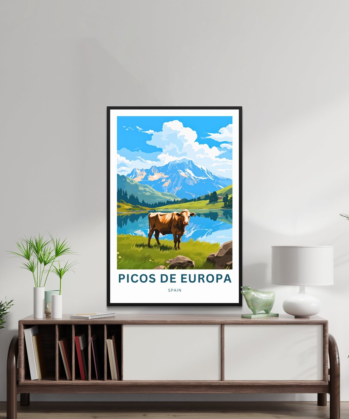 Picos De Europa Spain Alpine Cow And Mountain Lake Travel Poster - Image 2