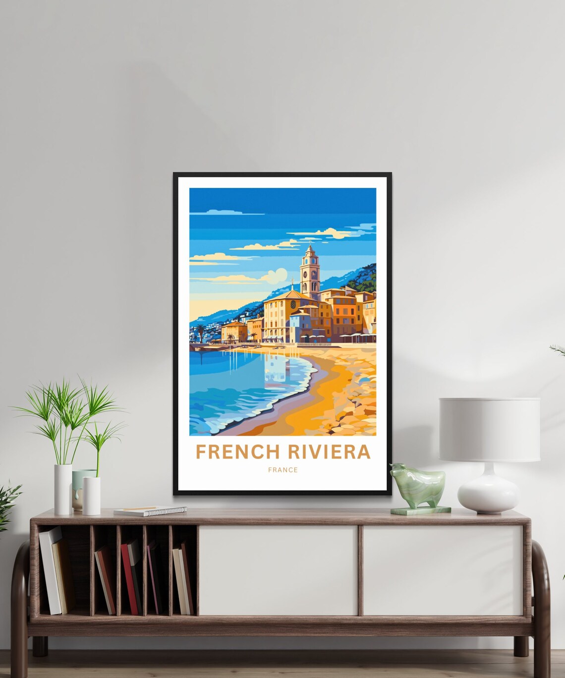 French Riviera France Travel Poster Golden Beach Clock Tower Town Art - Image 2
