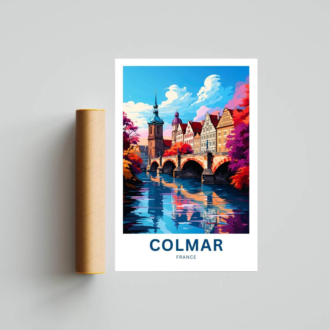 Colmar France Colorful Old Town Bridge River Reflection Travel Poster - Image 4