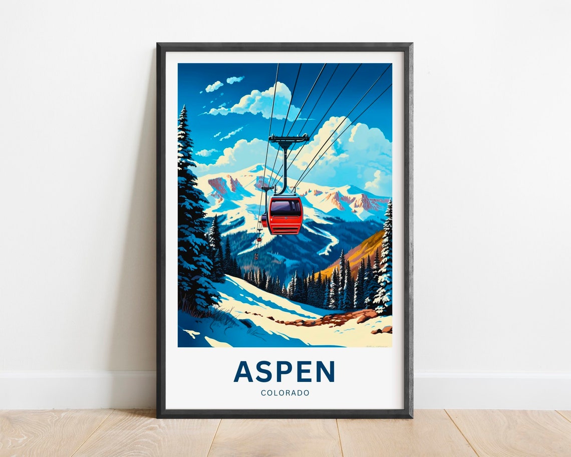 Aspen Colorado Red Gondola Winter Mountain Ski Resort Travel Poster