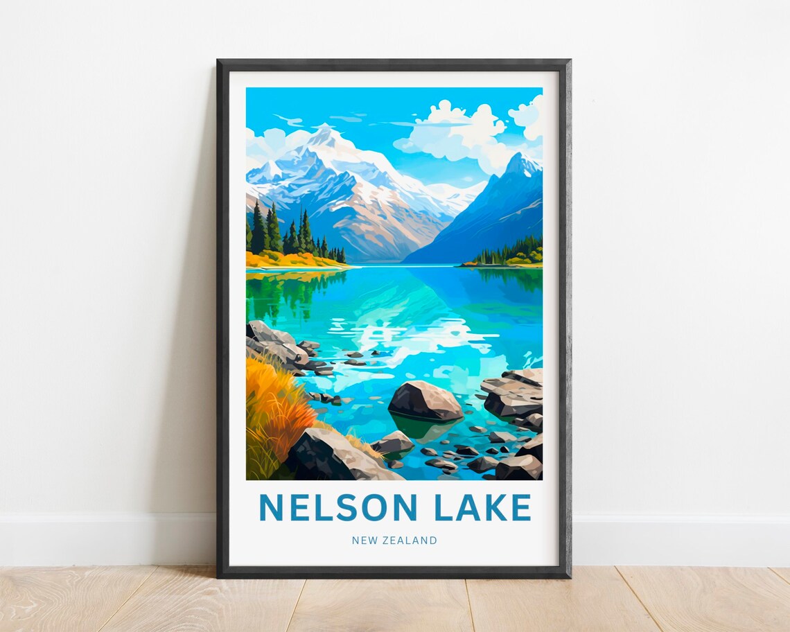 Nelson Lake New Zealand Turquoise Mountain Lake Travel Poster