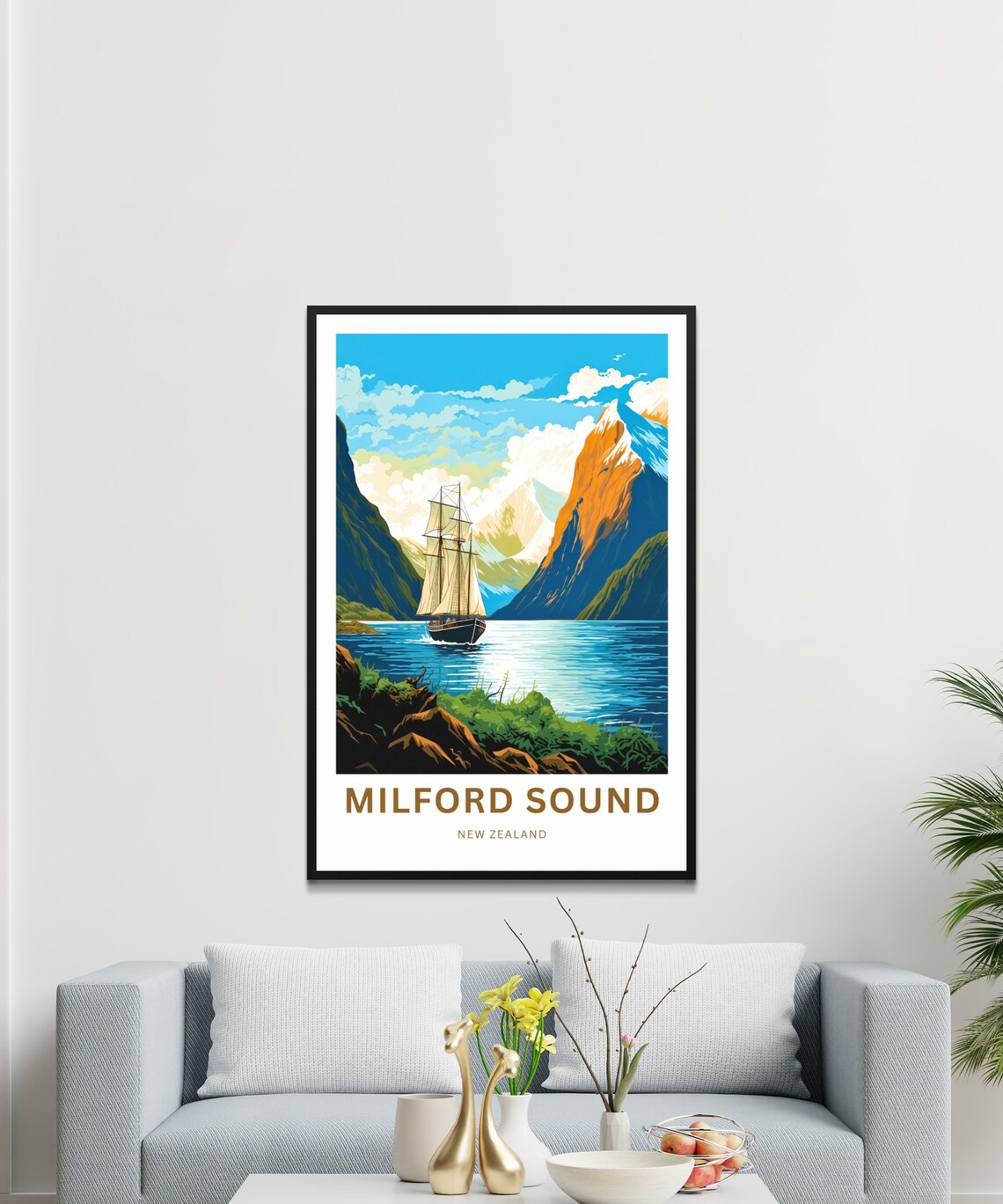 Milford Sound New Zealand Classic Tall Ship Fjord Scene Travel Poster - Image 3
