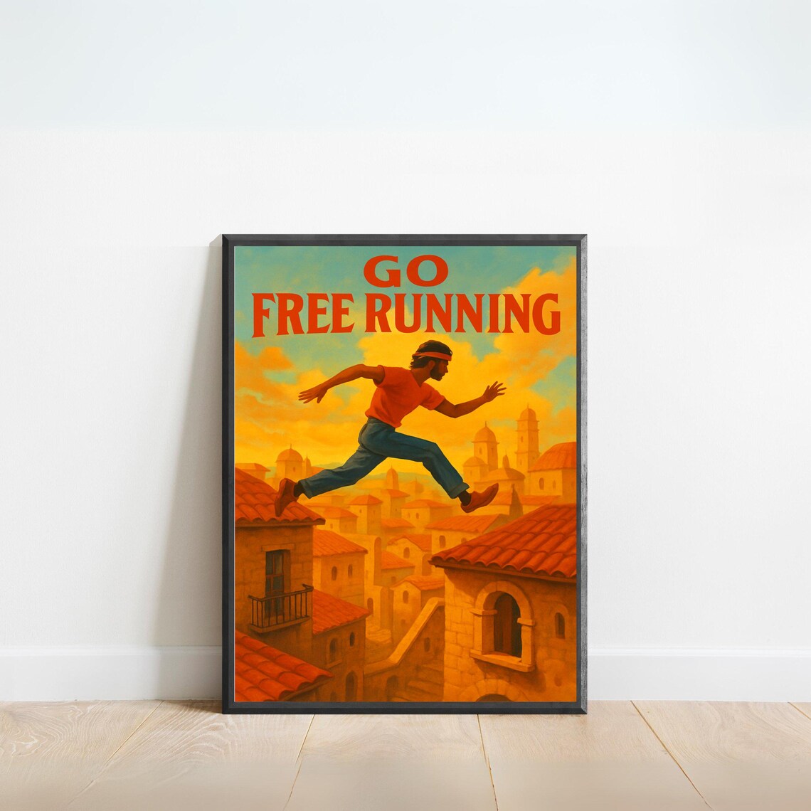 Go Free Running Vintage Poster Parkour Rooftop Jump Urban Adventure Art