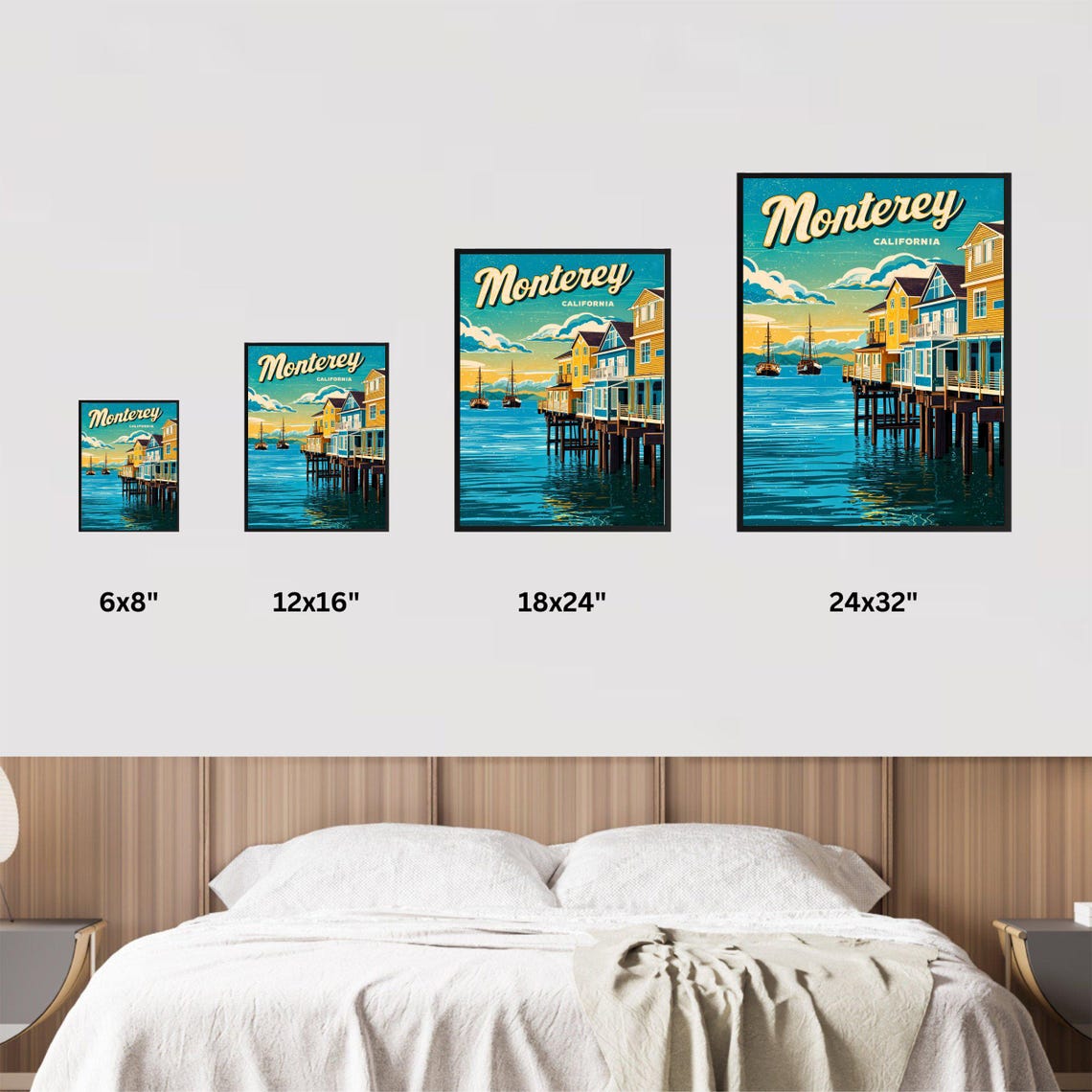 Monterey California Sunset Pier Houses Tall Ships Retro Poster - Image 4