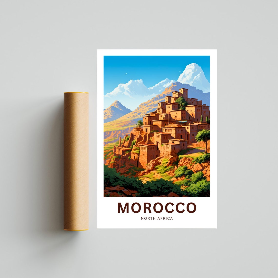 Morocco Kasbah Village Red Hills Snow Mountain Atlas View Poster - Image 4