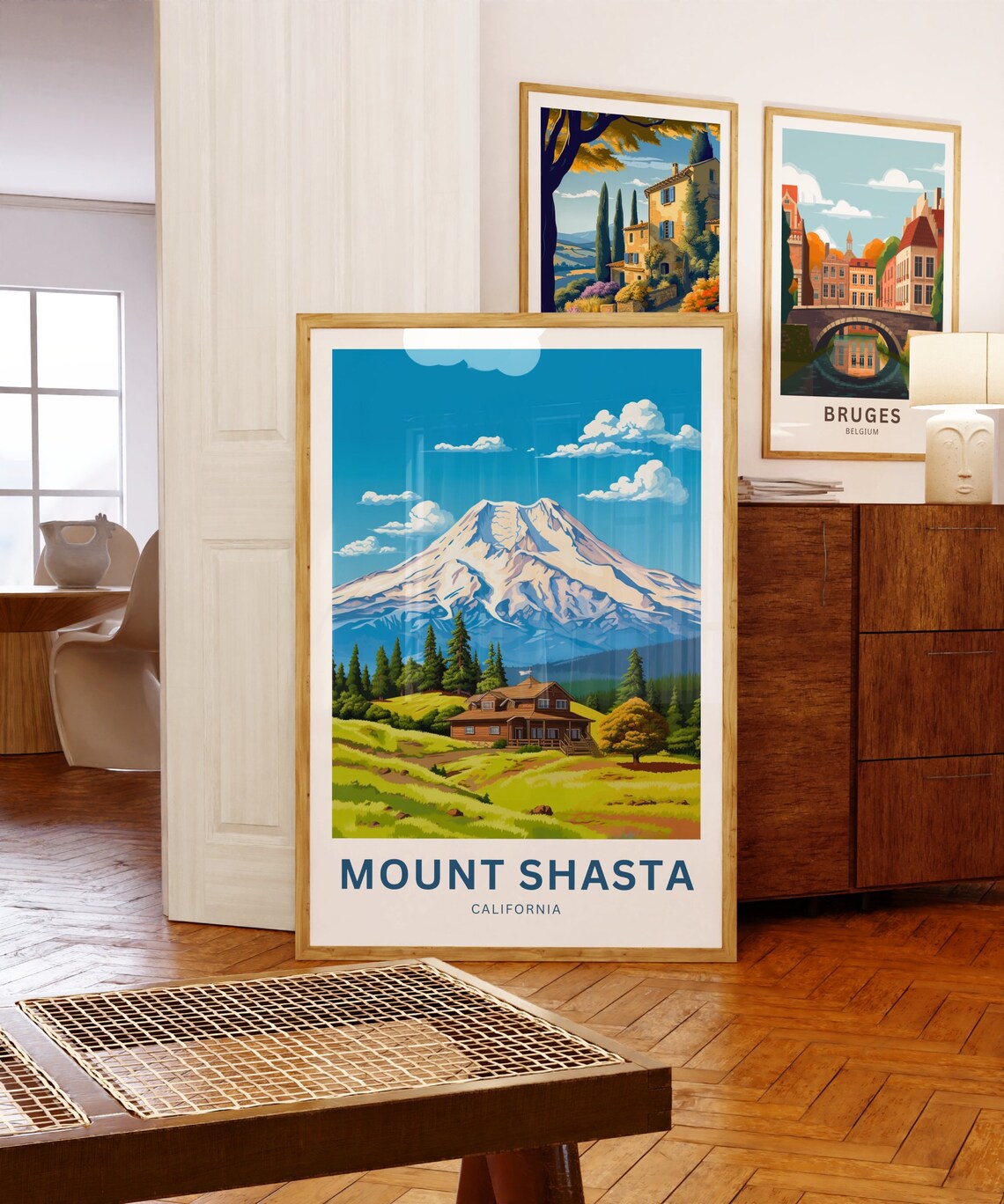 Personalized Mount Shasta California Snowy Peak Log Cabin Poster - Image 5