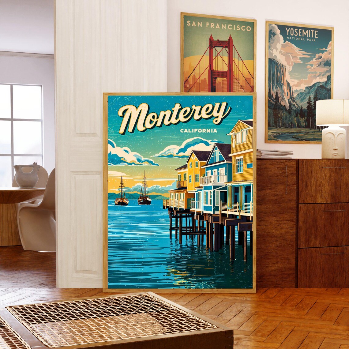 Monterey California Sunset Pier Houses Tall Ships Retro Poster - Image 5