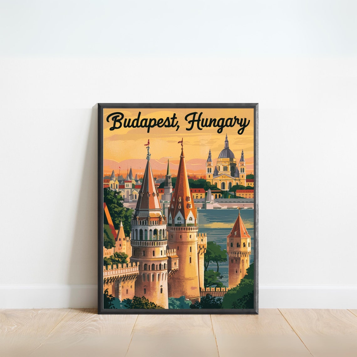 Budapest Hungary Bastion Towers Danube Sunset Vintage Poster