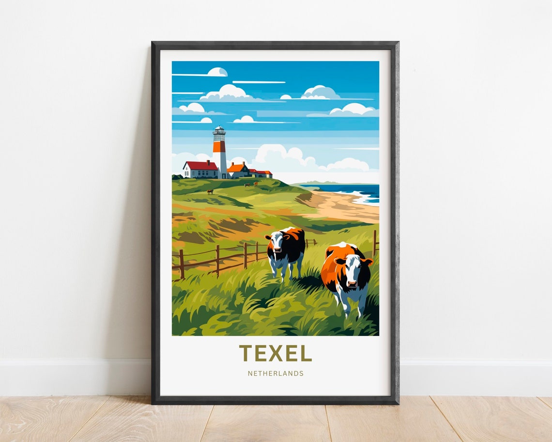 Texel Netherlands Lighthouse Cows Beach Scene Retro Travel Poster