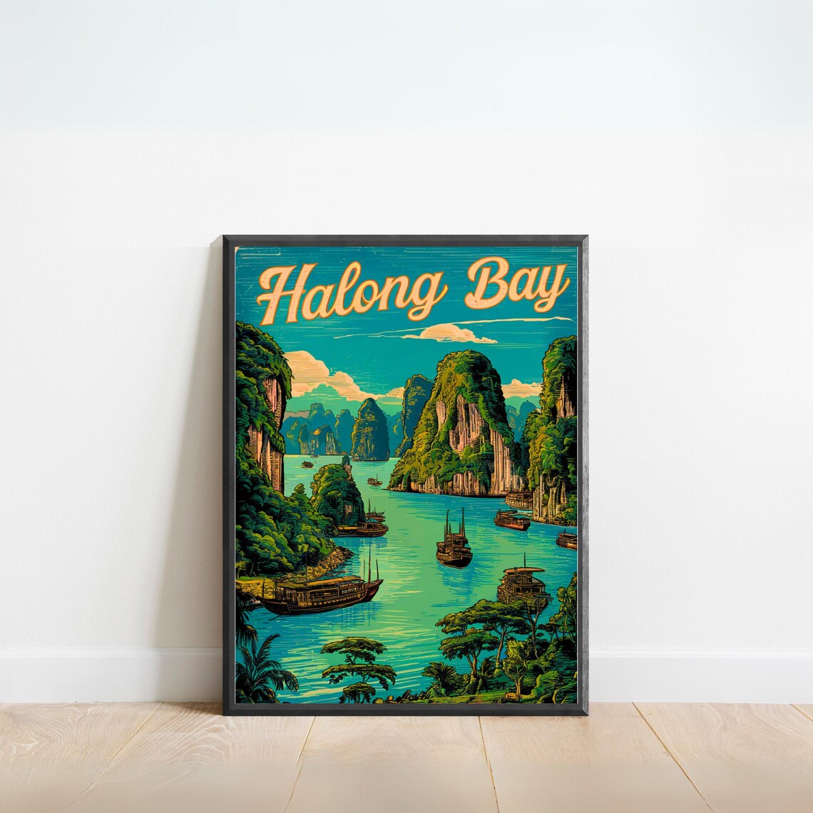 Halong Bay Vintage Limestone Karsts Junk Boats Travel Poster