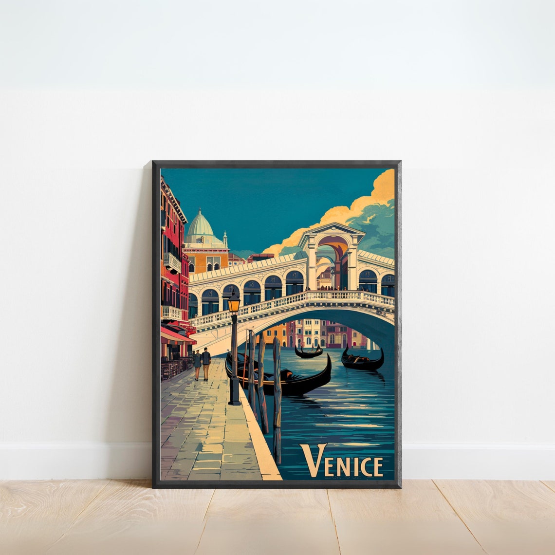 Venice Grand Canal Rialto Bridge Gondolas Evening Retro Travel Poster