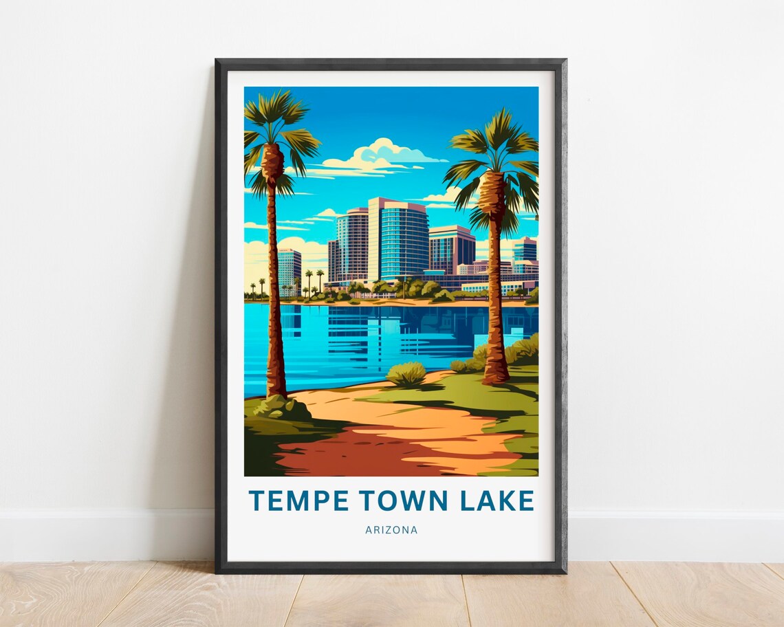 Tempe Town Lake Arizona Skyline Palms Desert Lake Travel Poster