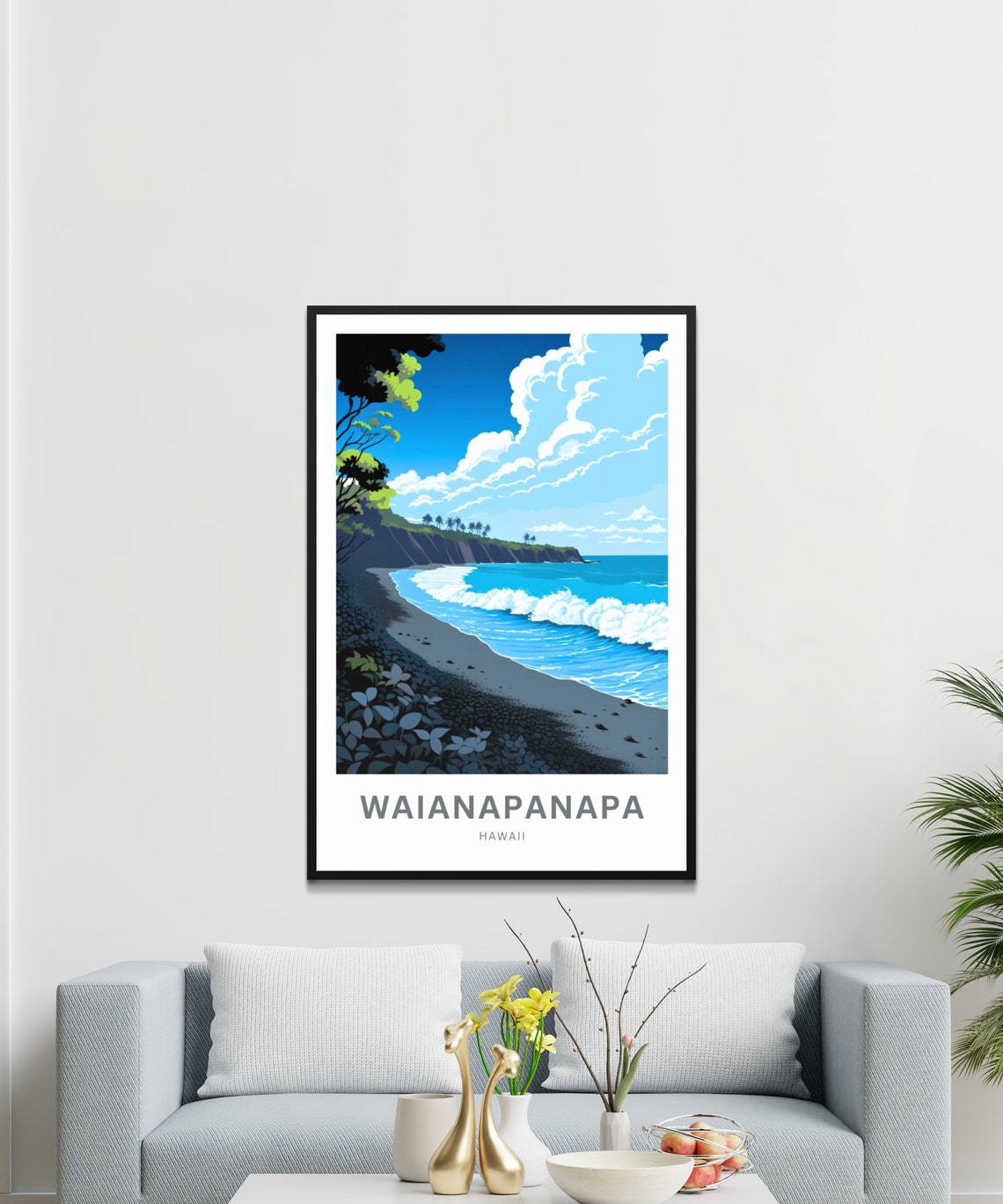 Waianapanapa Hawaii Black Sand Beach Surf Waves Cliffs Travel Poster - Image 3