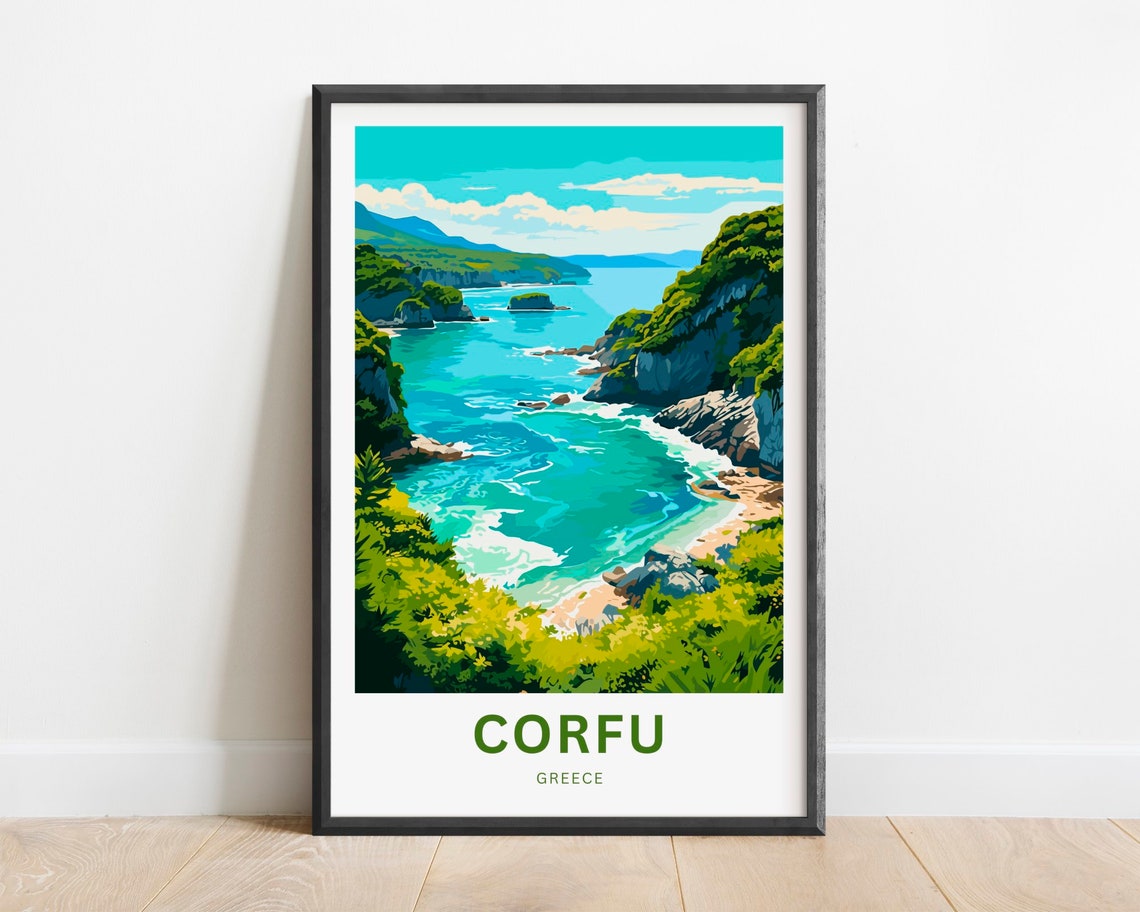 Corfu Greece Turquoise Bay Cliffs Hidden Beach Travel Poster