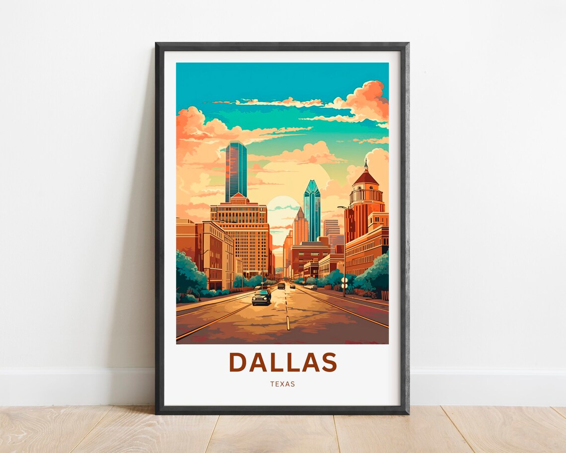 Dallas Texas Skyline Sunset Street Vintage Style Travel Poster