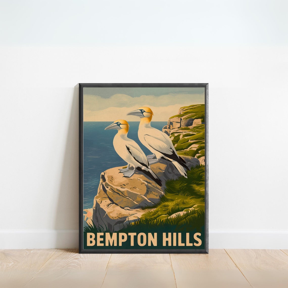 Bempton Hills England Vintage Gannets on Rocky Sea Cliffs Poster