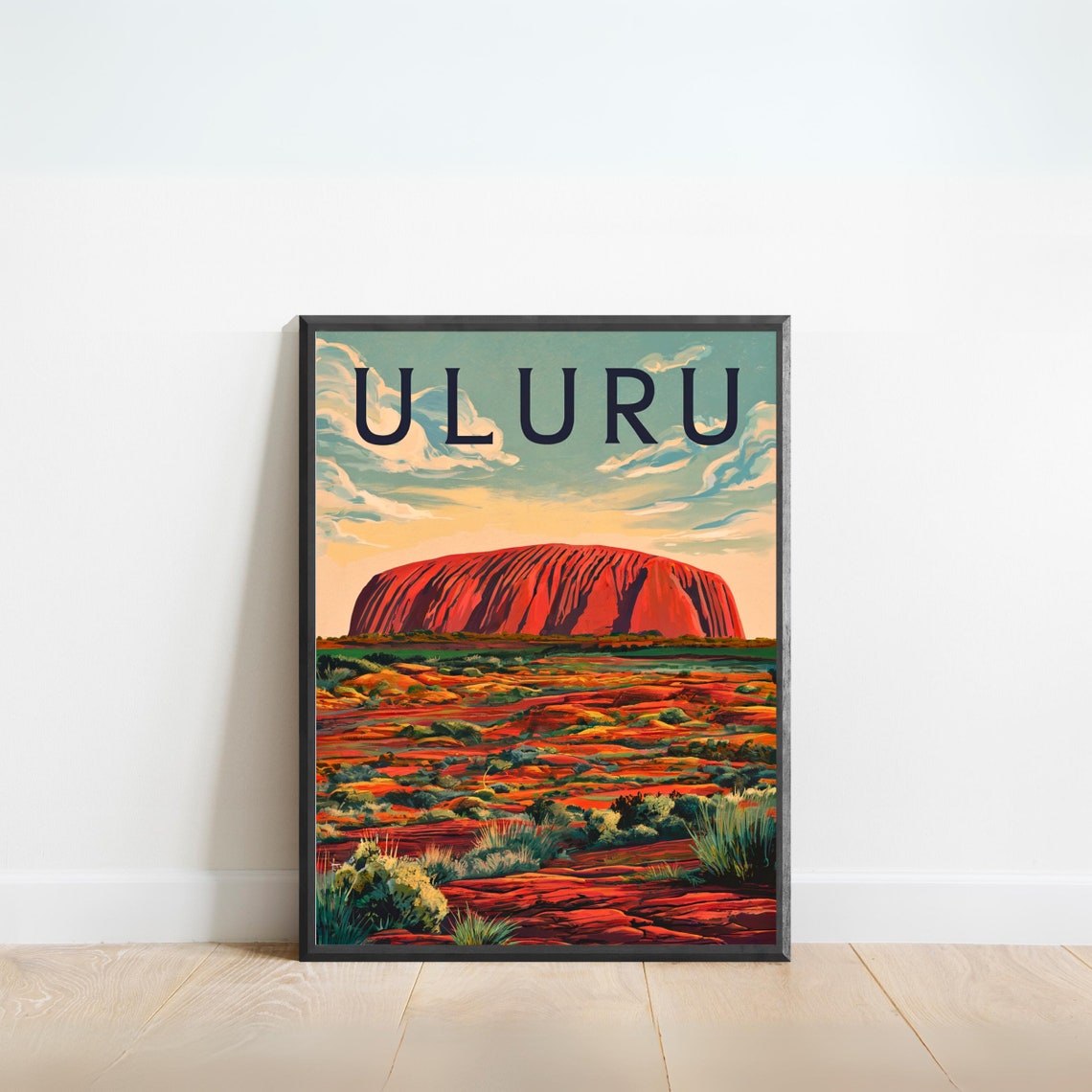 Uluru Red Rock Desert Sunset Cloudy Sky Vintage Travel Poster