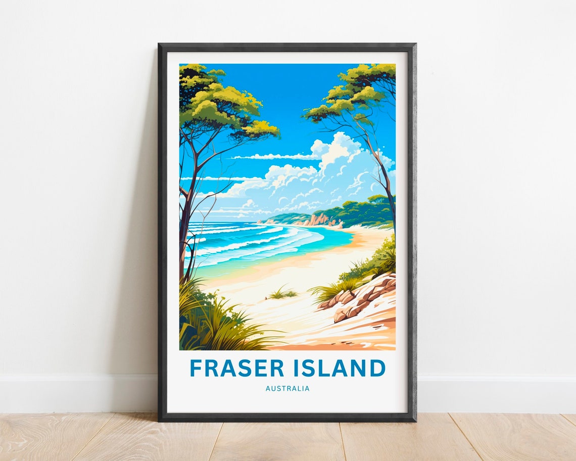 Fraser Island Australia Sandy Beach Turquoise Waves Tree View Poster