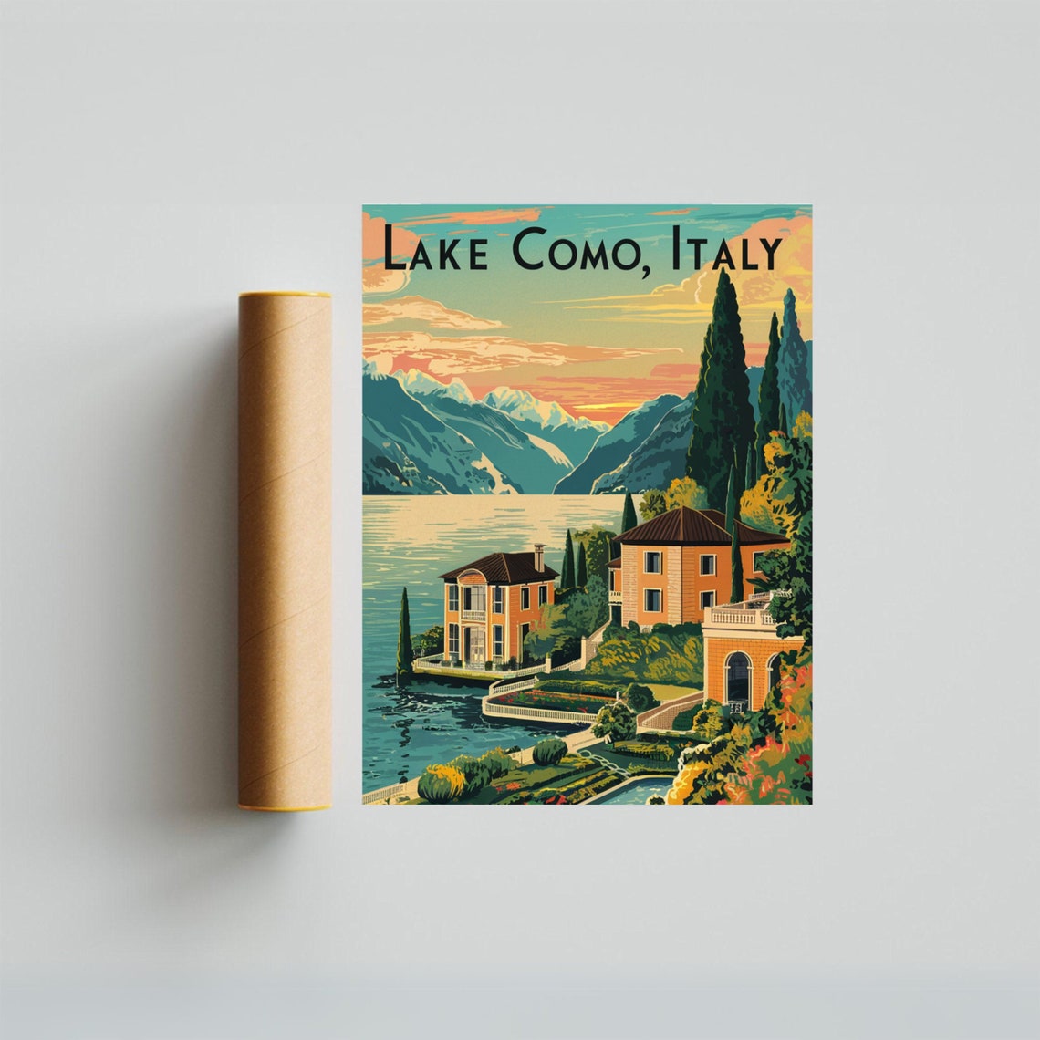 Lake Como Italy Sunset Villas Cypress Trees Lakefront View Poster - Image 2