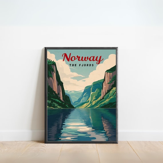 Norway The Fjords Vintage Travel Poster Cliffs Retro Mountain Art