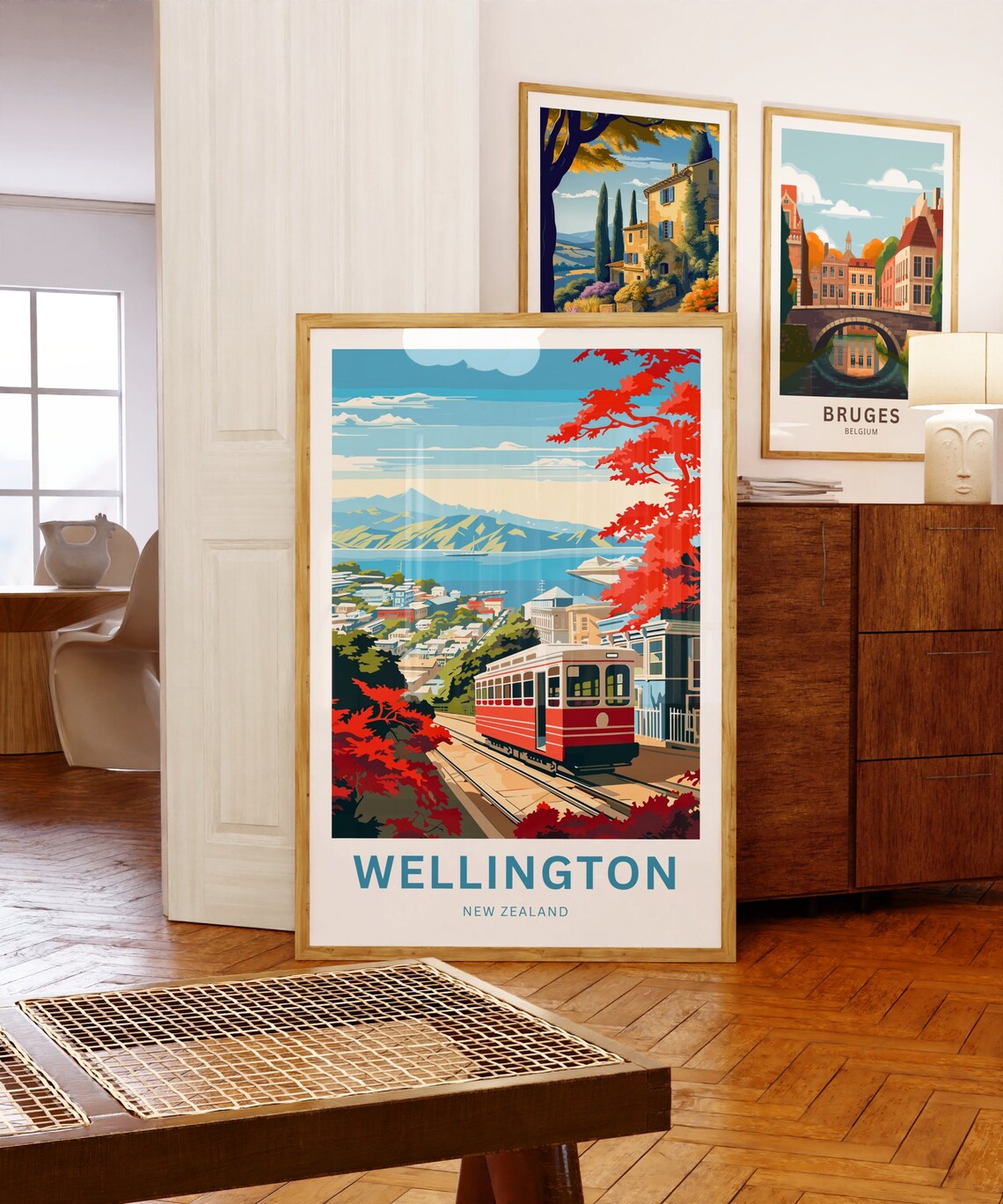 Wellington New Zealand Autumn Cable Car Red Foliage Harbor Poster - Image 5