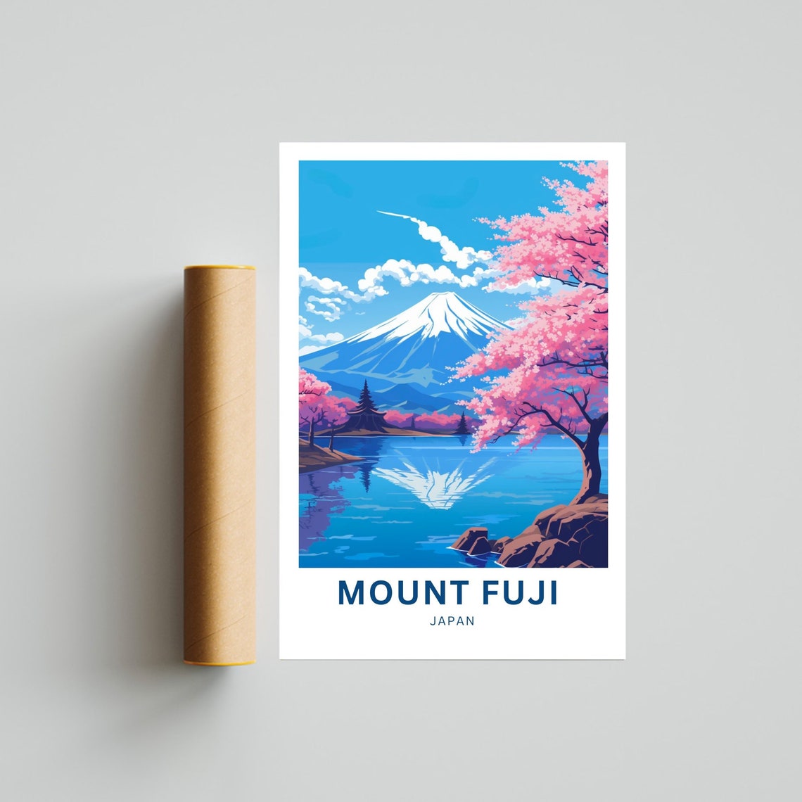 Vintage Style Mount Fuji Japan Cherry Blossom Lake Reflection Poster - Image 4