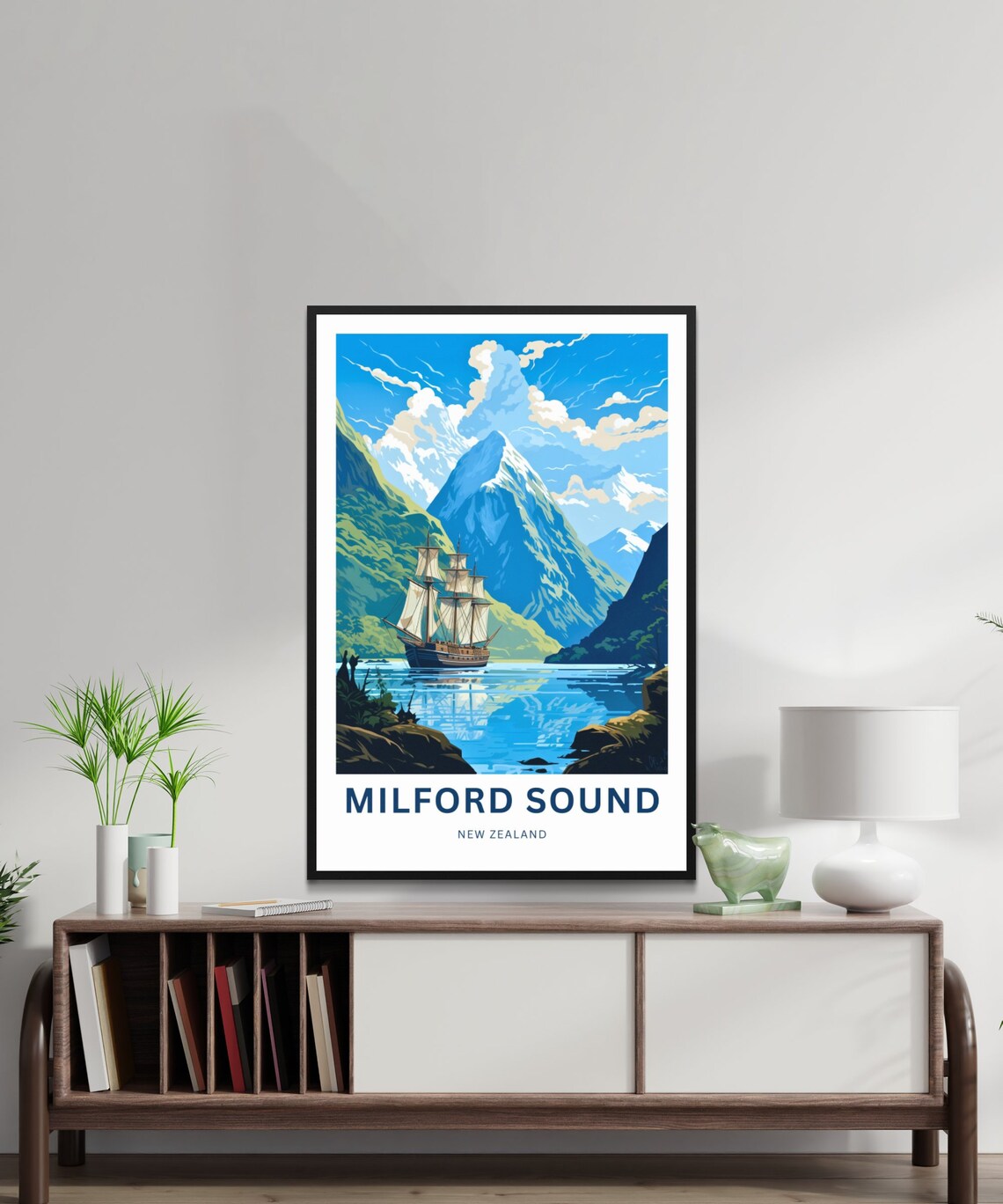 Milford Sound New Zealand Tall Ship Green Hills Mountain Travel Poster - Image 2