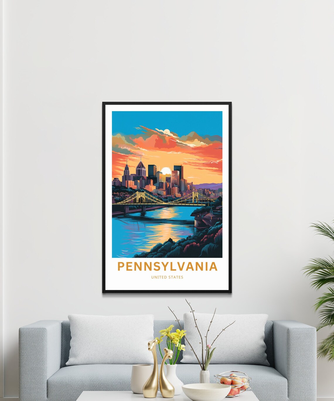 Pennsylvania Pittsburgh Skyline Bridges Sunset River Travel Poster - Image 3