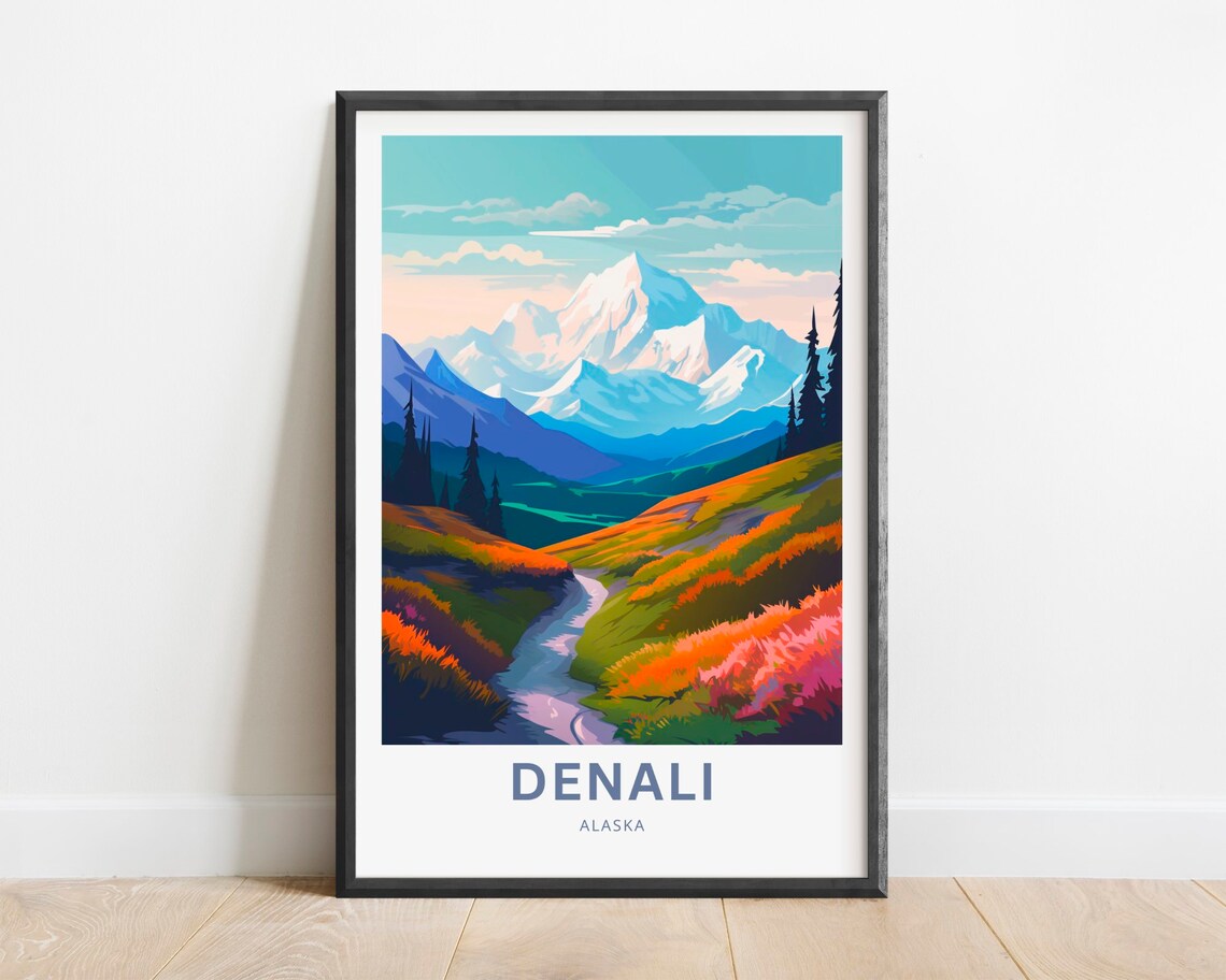 Denali Alaska Snow Peak Autumn Tundra Mountain Travel Poster
