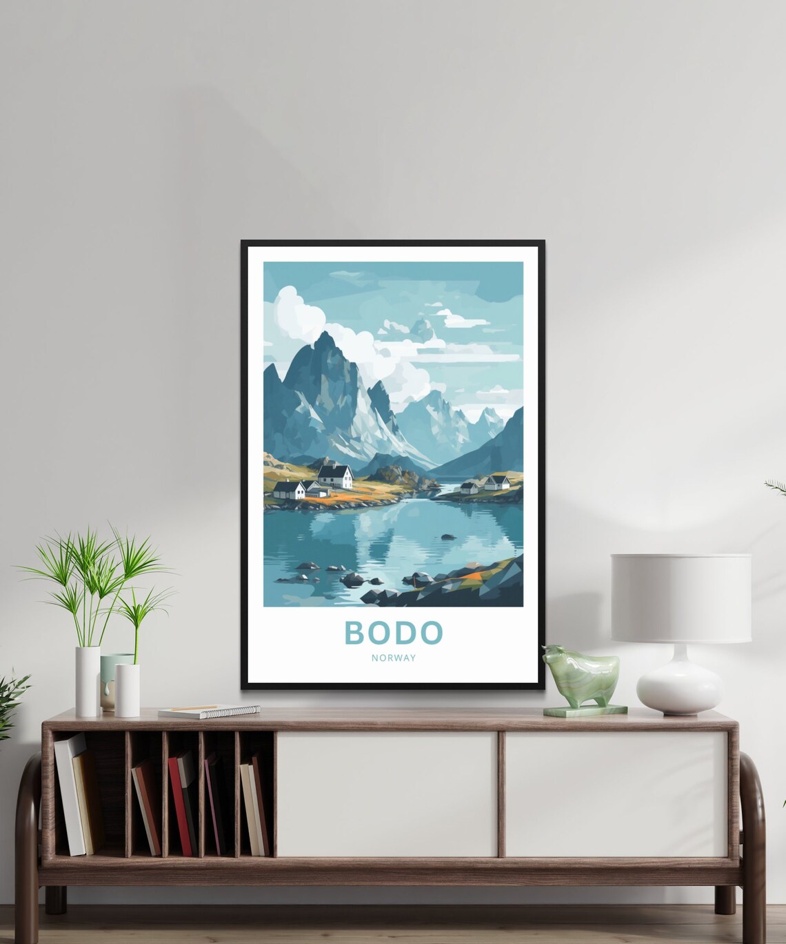 Bodo Norway Arctic Lakeside Cabins Rugged Mountain Travel Poster - Image 2
