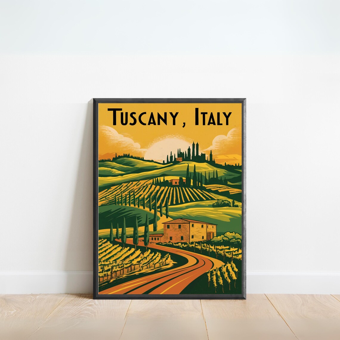 Tuscany Italy Sunset Vineyards Cypress Trees Hilltop Village Poster