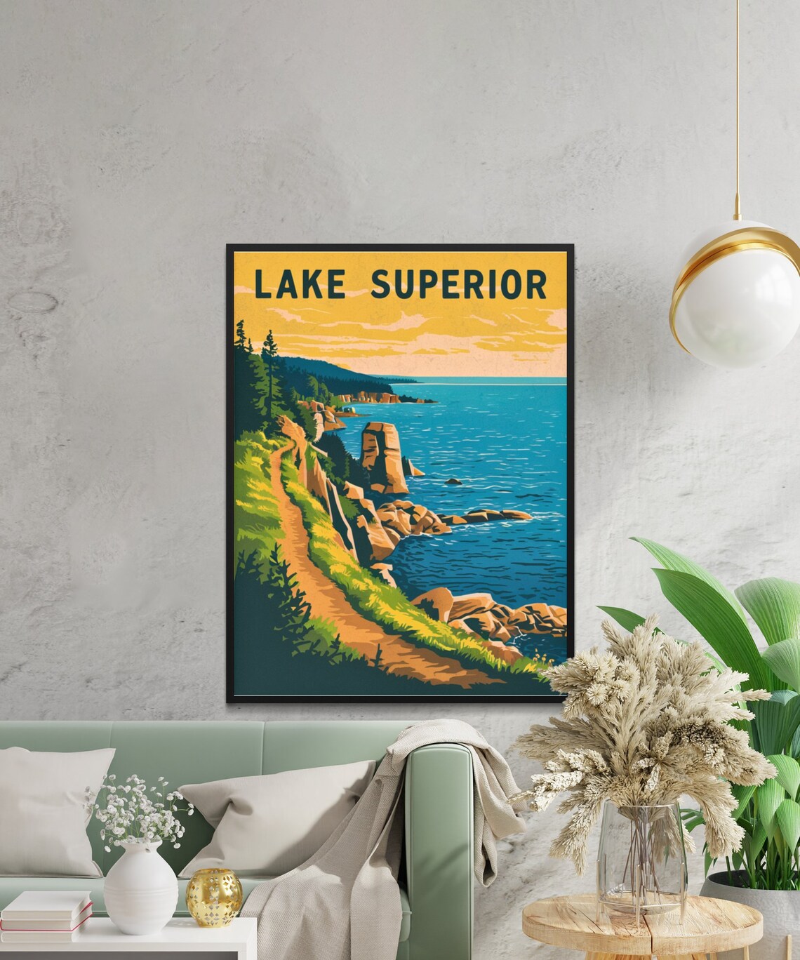 Lake Superior Vintage Rocky Coastline Trail Golden Sunset Poster - Image 2