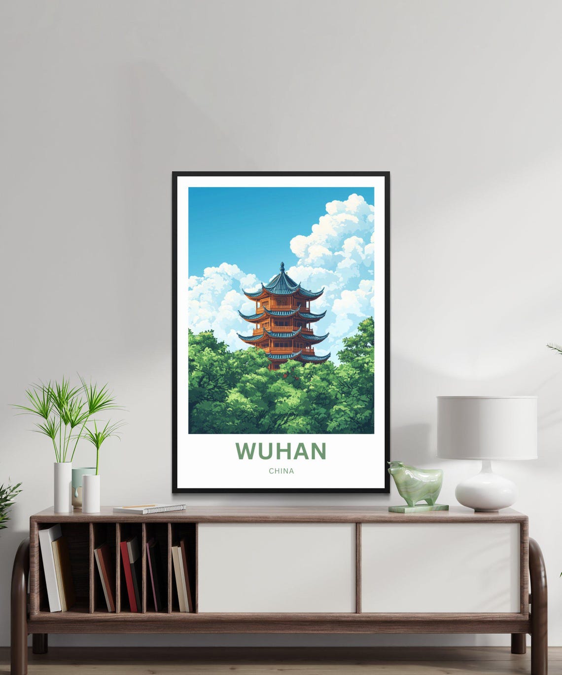 Wuhan China Red Pagoda Tower Rising Above Green Trees Poster - Image 3