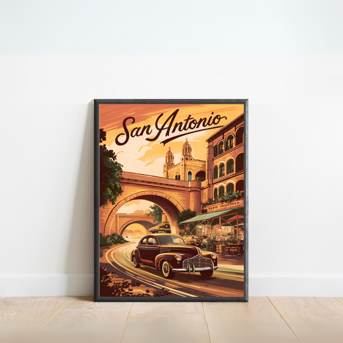 San Antonio Texas Vintage Classic Car Stone Bridge Travel Poster