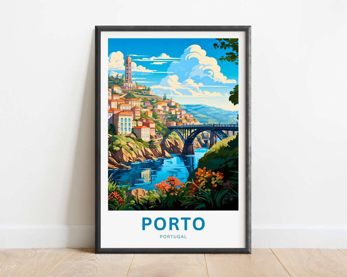 Porto Portugal Travel Poster Dom Luis I Bridge Riverside Cityscape Art